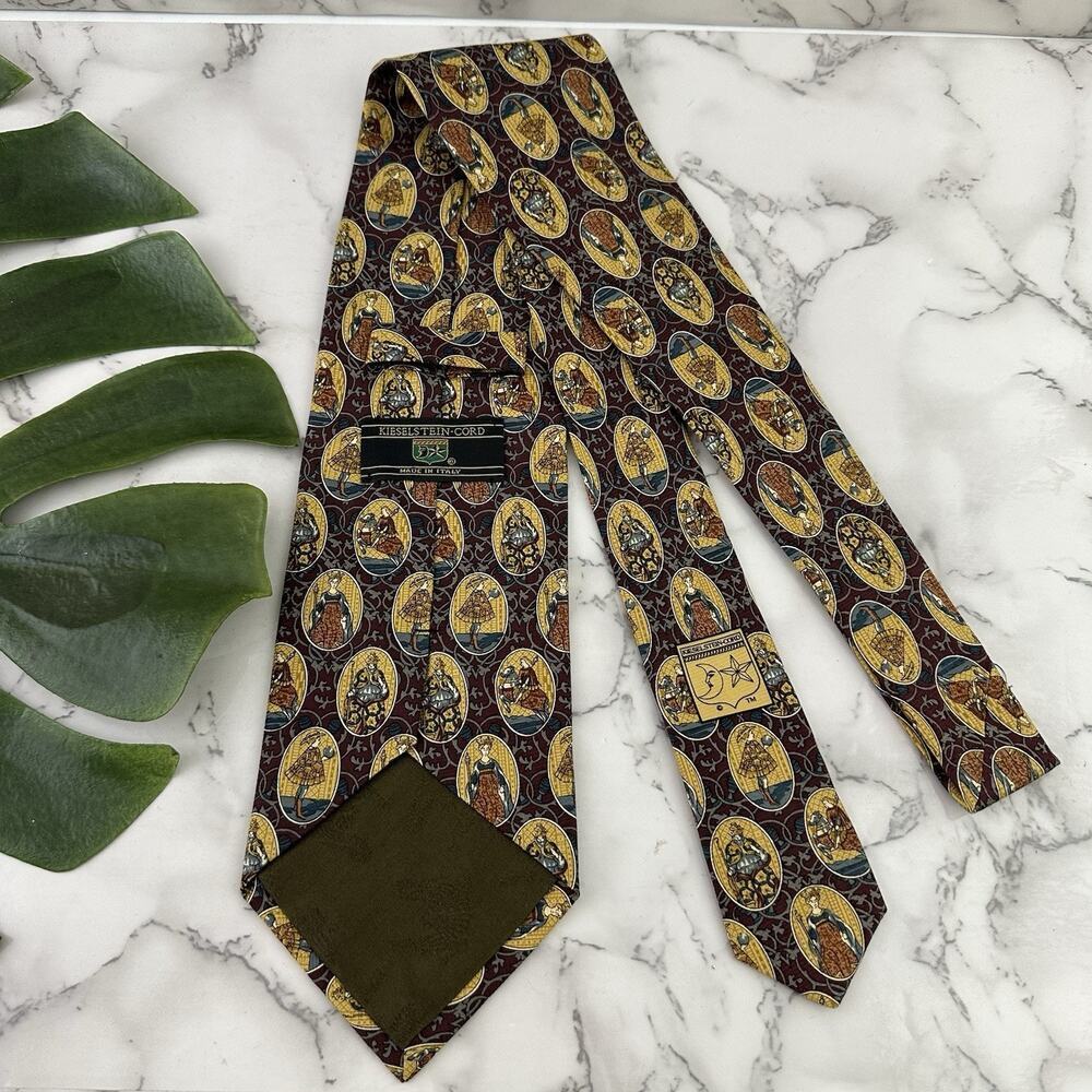 Kieselstein Cord Mens Vintage 90s Silk Neck Tie Tan Brown Knights Royalty Italy - Picture 4 of 7